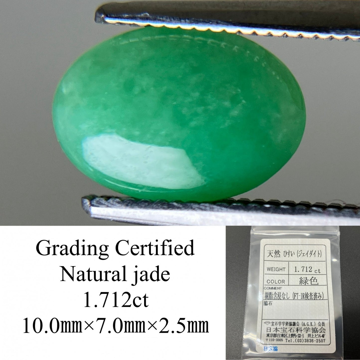 ひすい 1.712ct  宝石ソーティング付き  10.0㎜×7.0㎜×2.5㎜  天然 ルース（ 裸石 ） 4444YY